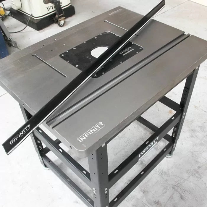Heavy duty woodworking router table with metal stand and T-track fence for precision cutting