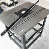 Heavy duty woodworking router table with metal stand and T-track fence for precision cutting