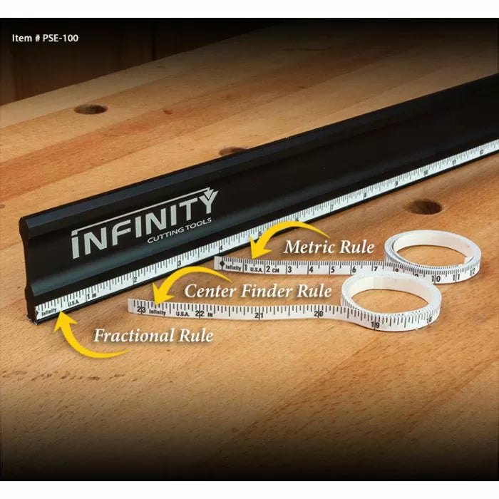 Aluminum woodworking ruler with metric, fractional, and center finder tape on workbench