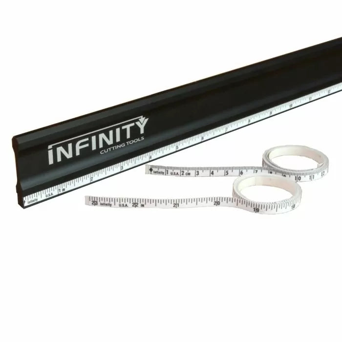 Black aluminum woodworking ruler with adhesive measuring tape rolls for precise measurements