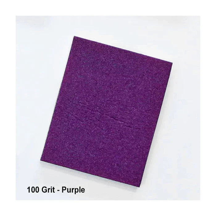 Purple 100 grit sandpaper sheet for woodworking, isolated on white background