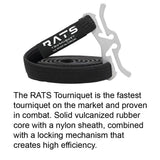RATS tourniquet with black strap and metal locking mechanism, medical emergency tool.
