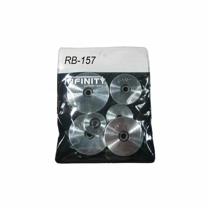 Set of five metal router bit bearings in plastic packaging labeled RB-157, woodworking accessory.
