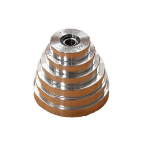 Stacked metal router table insert rings with measurements, woodworking tool accessory