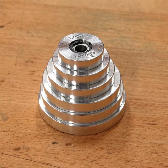 Aluminum stepped setup gauge for woodworking on a wooden workbench