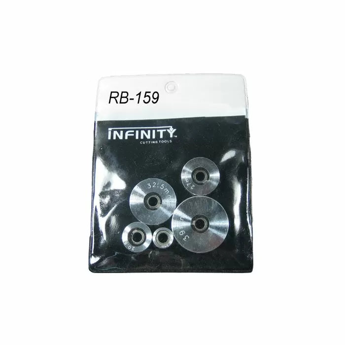 Set of round steel woodworking router bearings in packaging labeled RB-159, various sizes
