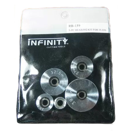 5-piece router bearing kit in clear packaging, metal bearings labeled with different sizes