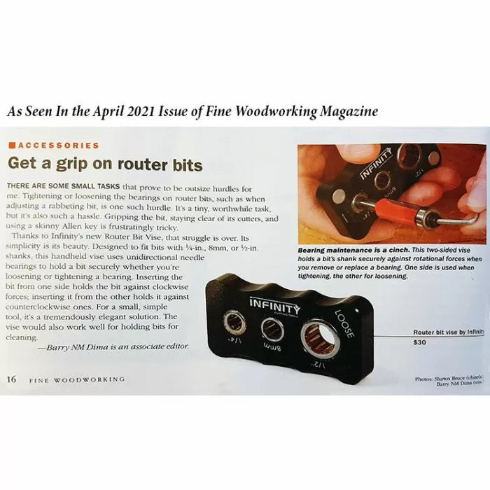 Magazine page featuring Infinity router bit vise, tool for holding and adjusting router bits.