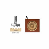 2-1/8 inch router cutter for woodworking with sample rosette pattern carved in wood