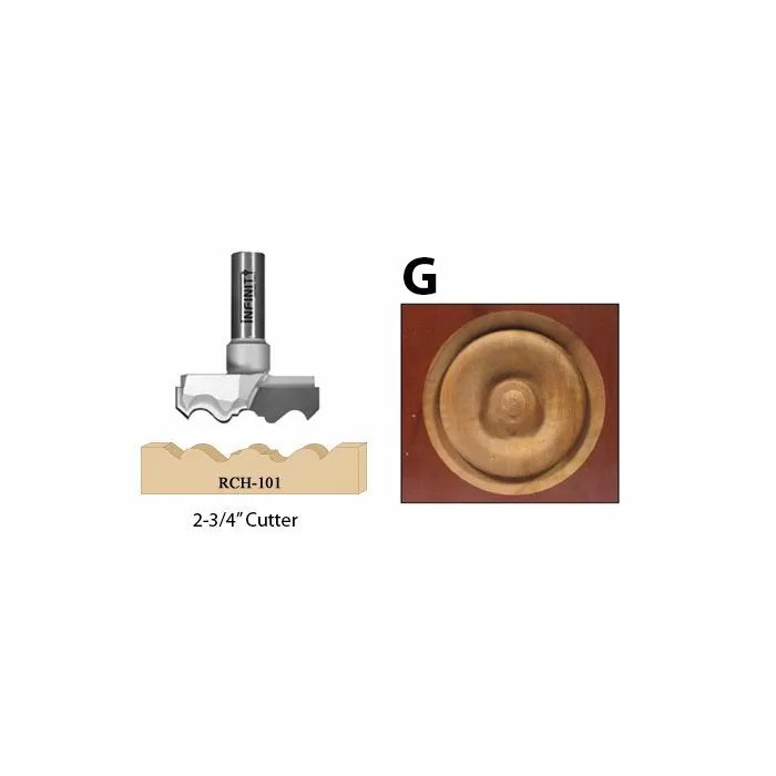2-3/4 inch router bit RCH-101 and sample wood rosette profile for woodworking