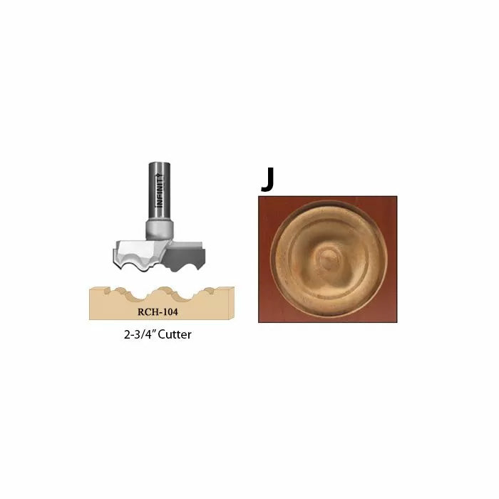 2-3/4 inch woodworking router bit RCH-104 with sample wood fluting design and carved wood rosette example