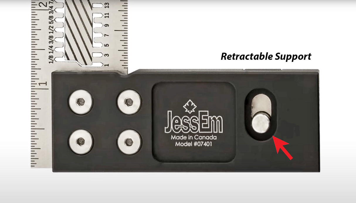 Precision woodworking square with metal ruler and retractable support feature highlighted.
