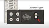 Precision woodworking square with metal ruler and retractable support feature highlighted.