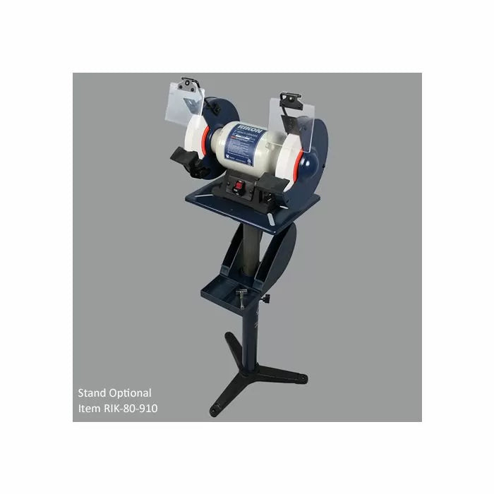 Bench grinder with dual grinding wheels on optional metal stand, woodworking tool equipment