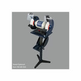 Bench grinder with dual grinding wheels on optional metal stand, woodworking tool equipment