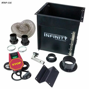 Router table dust box kit with dust hose, ports, clamps, safety power switch, and mounting hardware.