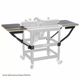 Router table extension wings attached to both sides of a woodworking router table.