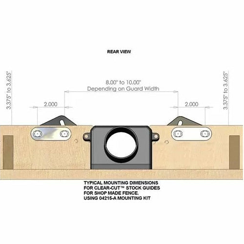 Router table fence rear view with Clear-Cut stock guides and detailed mounting dimensions.