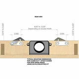 Router table fence rear view with Clear-Cut stock guides and detailed mounting dimensions.