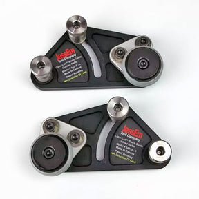 Clear-Cut stock guides for router table, precision woodworking accessories, black and silver, top view.
