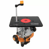 Router lift with adjustment handle and mounting plate for woodworking table setup