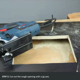 Jig saw cutting rough opening in plywood for woodworking project, with sawdust visible.