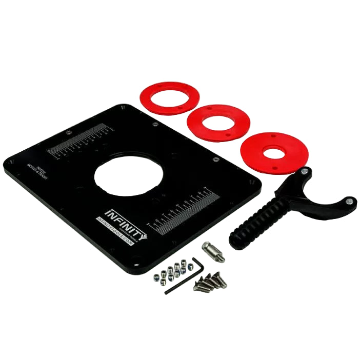 Router table insert plate with red rings, handle, and mounting hardware for woodworking