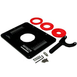 Router table insert plate with red rings, handle, and mounting hardware for woodworking