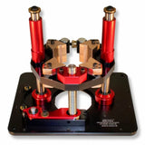 Precision woodworking router lift with adjustment knobs and sturdy metal base platform