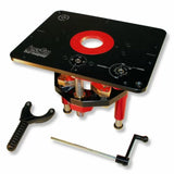 Router lift system with adjustment tools for woodworking router tables