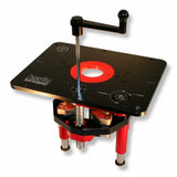 Precision router lift with adjustable crank handle for woodworking router tables