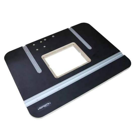 Router table top with insert plate and T-tracks for woodworking