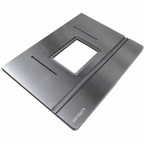Aluminum router table top with miter slot and central mounting plate for woodworking