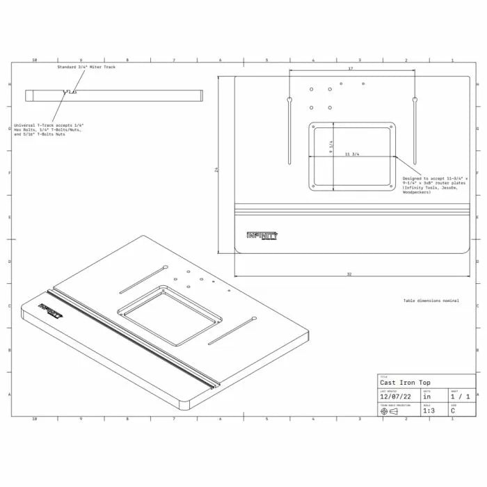 Technical drawing of a cast iron router table top with miter track and mounting plate opening.