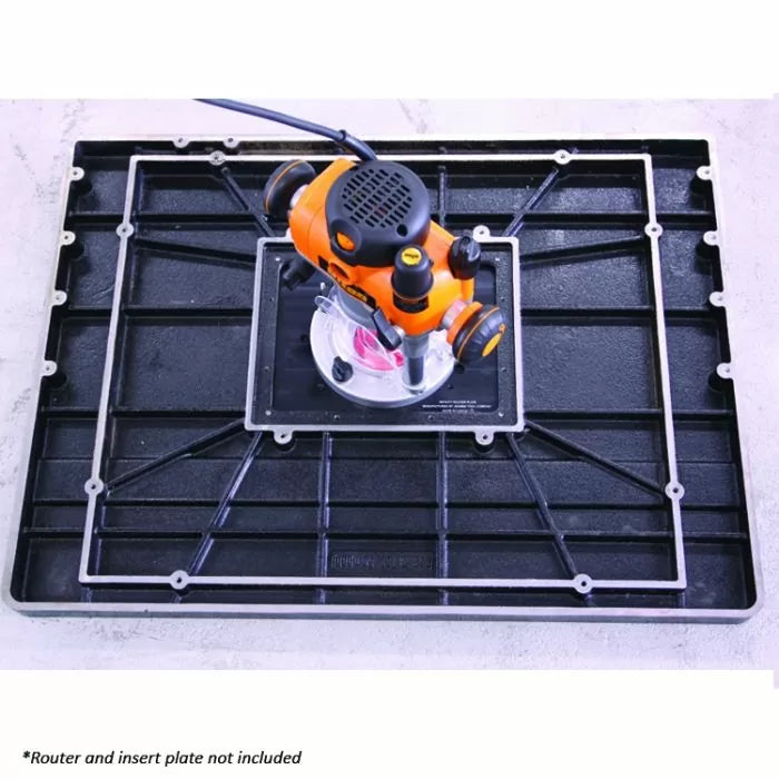 Router table top with mounting plate, shown with an orange handheld router for woodworking.