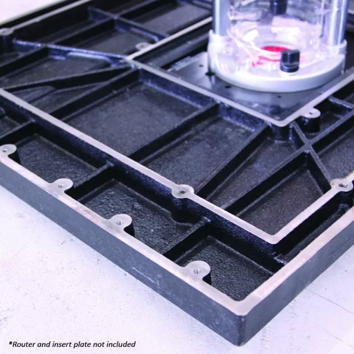 Cast iron router table top with visible mounting plate, woodworking tool accessory