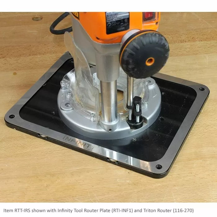 Router mounted on a metal router plate for woodworking on a workbench