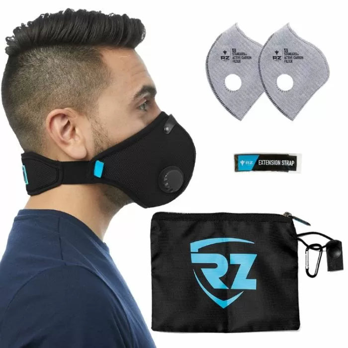 Reusable dust mask with filters, extension strap, and carrying pouch for woodworking safety