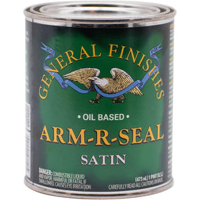 Oil based satin wood finish can labeled Arm-R-Seal, suitable for woodworking projects.