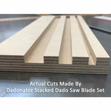Close-up of plywood with clean dado grooves cut by stacked dado saw blade set on workbench.