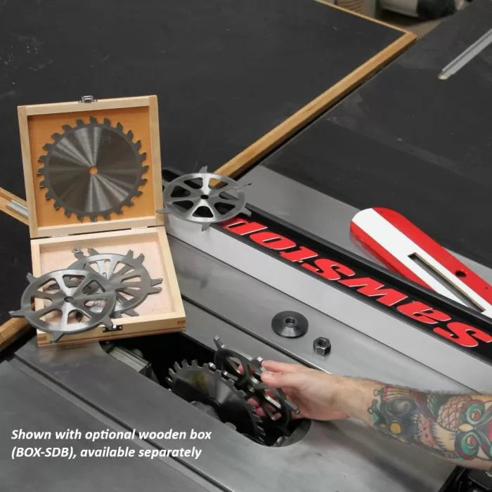 Saw blade dado set with spacer discs and wooden storage box on table saw