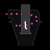Dust separator diagram with pink particles and airflow arrow, woodworking tool accessory