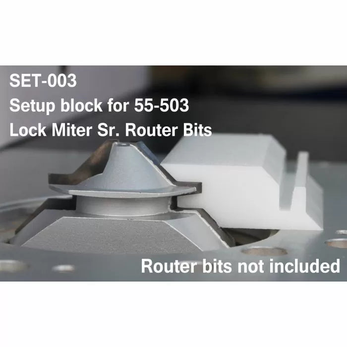 Setup block for 55-503 lock miter router bits on router table, closeup view
