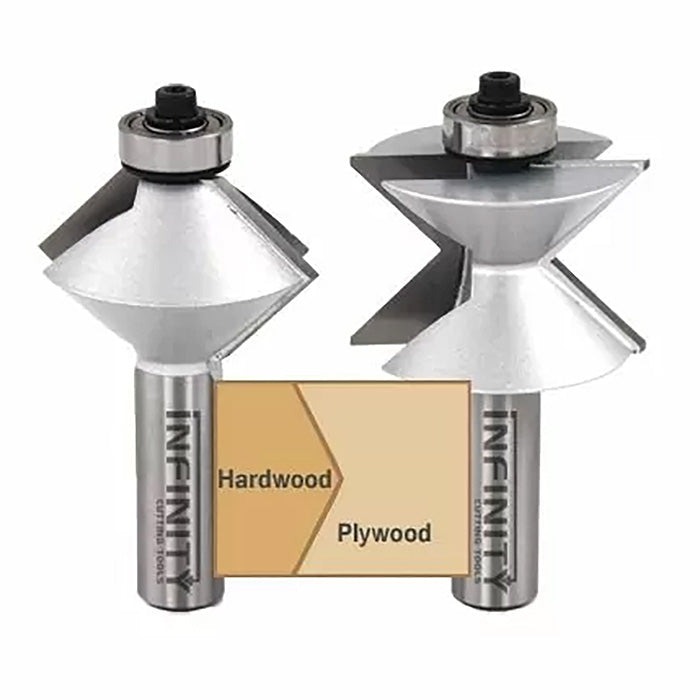 Set of two joinery router bits for woodworking, shown with hardwood and plywood sample joint.