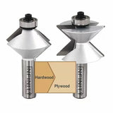 Set of two joinery router bits for woodworking, shown with hardwood and plywood sample joint.
