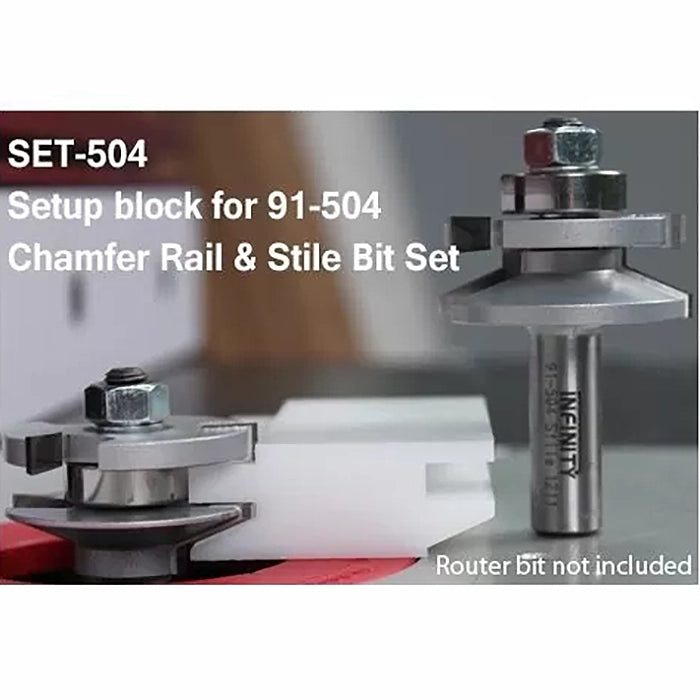 Chamfer rail and stile bit set with setup block for woodworking, close-up on table