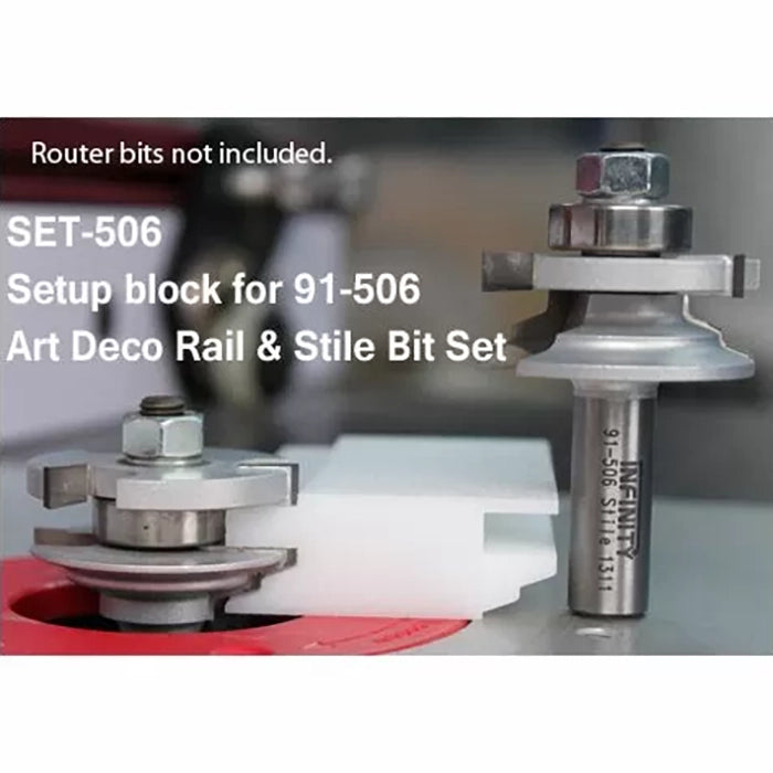 Setup block and router bits for 91-506 Art Deco rail and stile bit set on workbench
