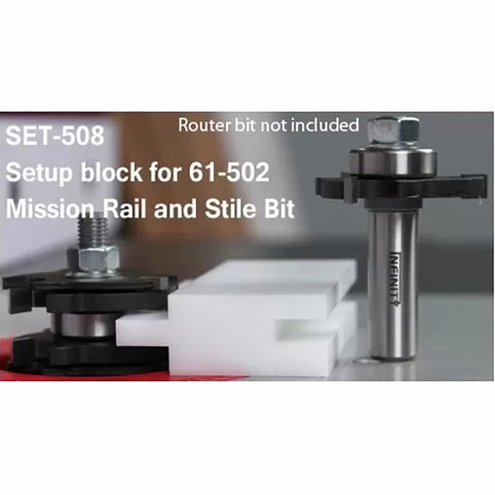 Setup block for 61-502 Mission Rail and Stile Bit with router bit and white blocks