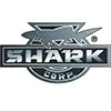 metallic Shark Corp logo with shark graphic, woodworking tools branding emblem