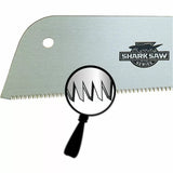 Close-up of Japanese pull saw blade with sharp teeth, logo, and magnified tooth detail